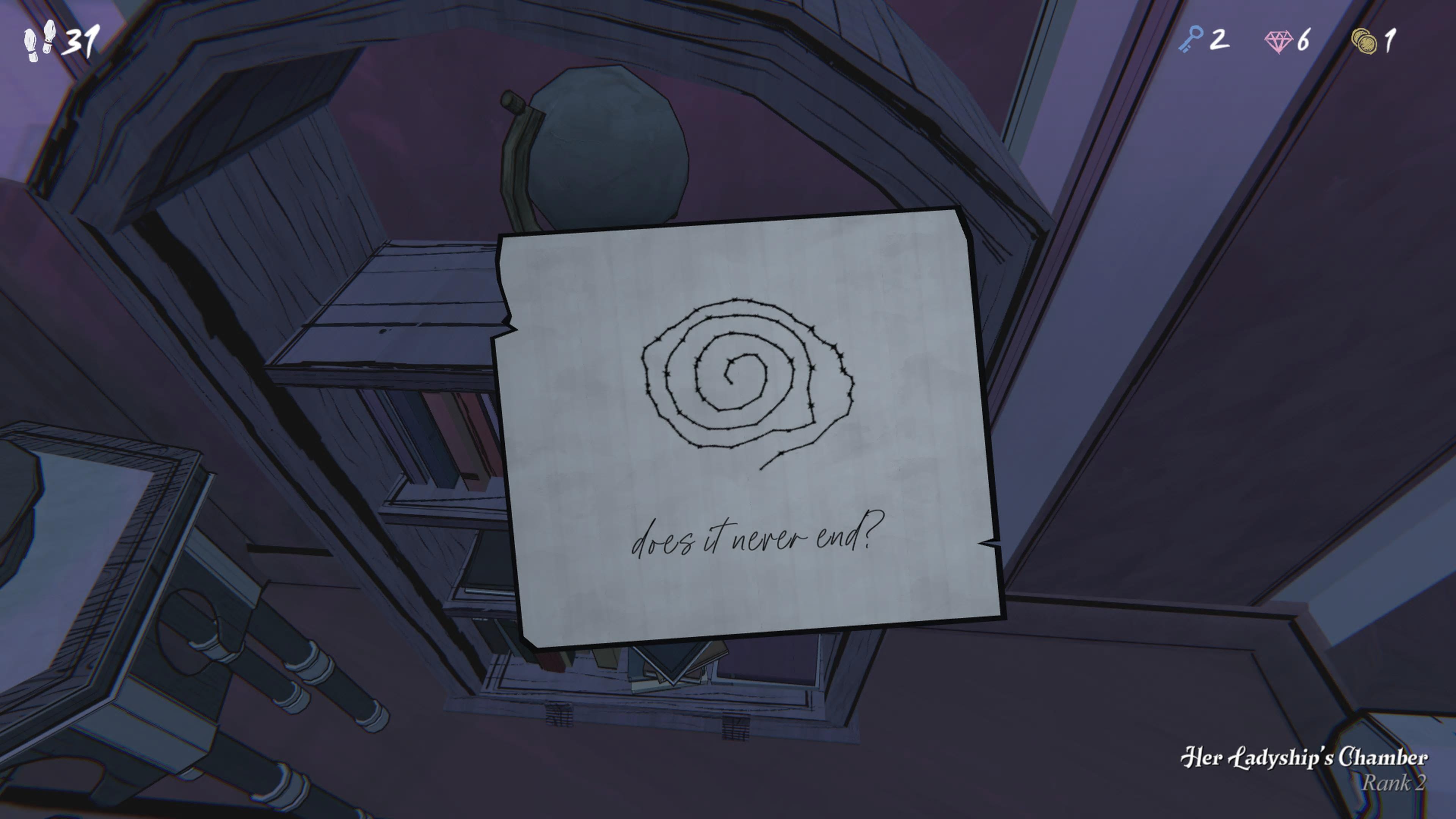Blue Prince screenshot van een gevonden aantekening van een spiraal, met daaronder de tekst: "Does it never end?"